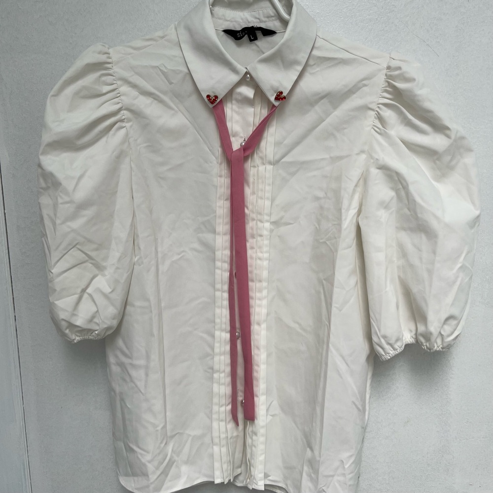 Sister Jane White Puff Sleeve Button-Up Blouse with Pink Embroidered Collar - Picture 2 of 4